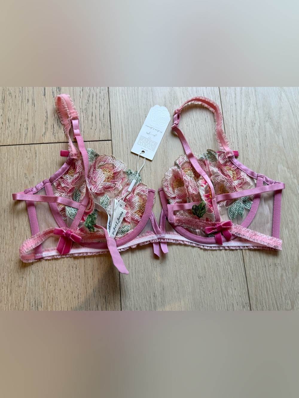 RARE For Love & Lemons Floral Embroidered Sheer Lace Underwire Bra Pink XL NWT - Picture 5 of 7